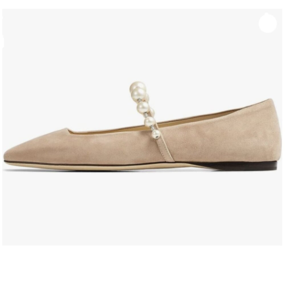FOWT Women Square Toe Slip on Flats Pearl Studded Strap Elegant Pumps Nude